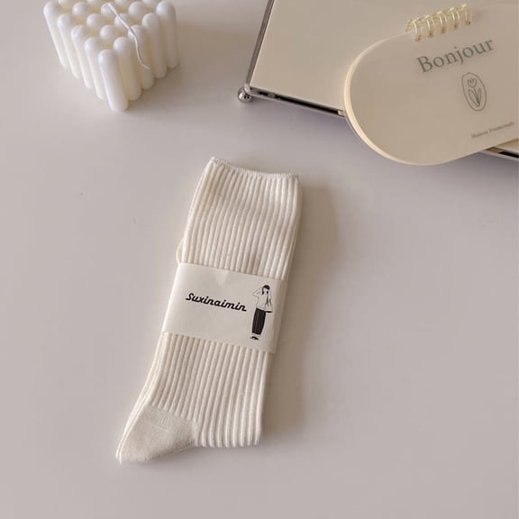 Women's socks autumn and winter sweat-absorbent cream color ins versatile vertical striped pile socks trendy style mid-calf length socks-Release one's tongue