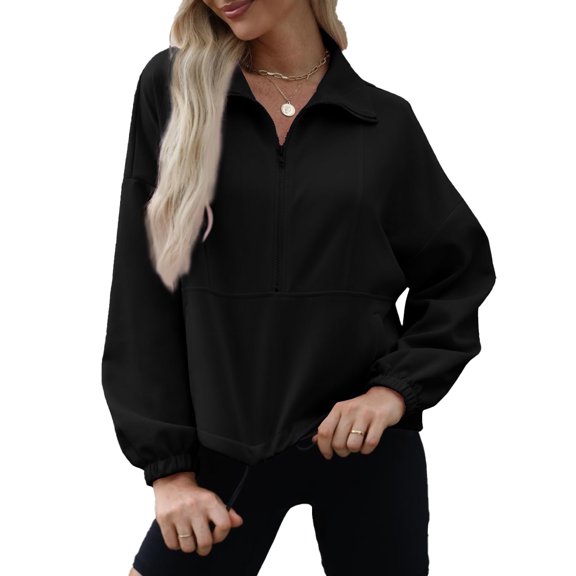 Women's solid color cropped pullover quarter zipper long sleeve sweatshirt short long sleeve top neckline drawstring casual pullover women's clothing