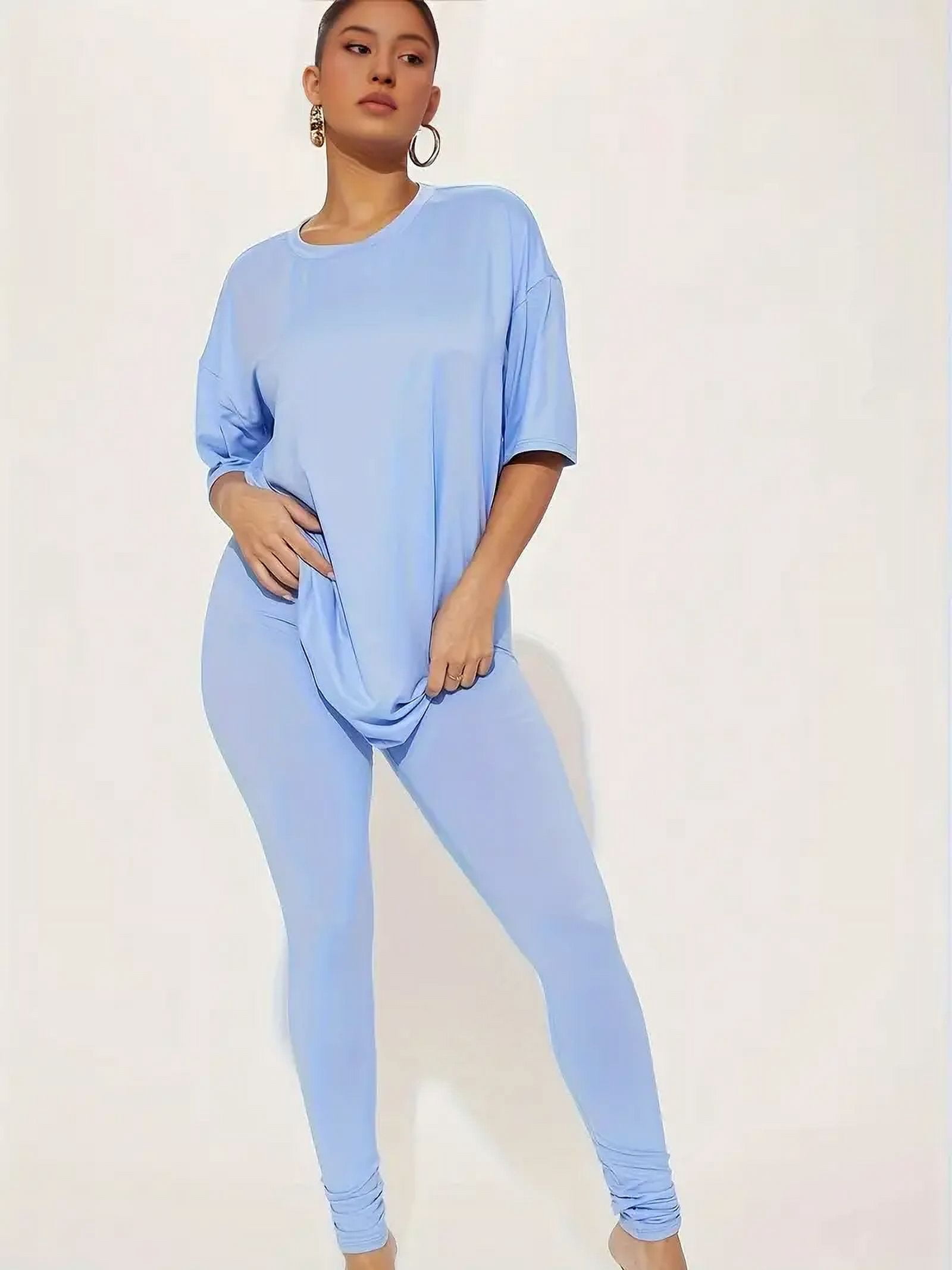 Women's Solid Color Two-piece Set, Athleisure Short-sleeved Crew Neck Top and Stretch Slim Leggings Set