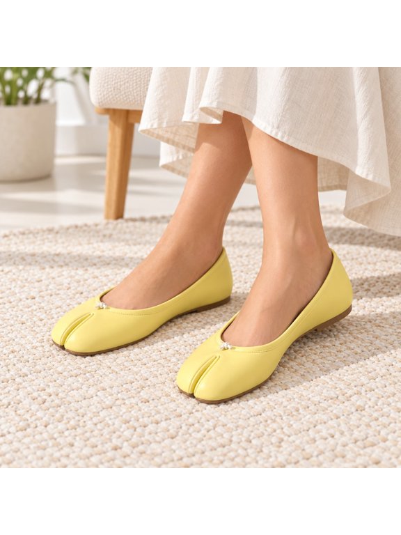 Women's split-toed ballet flats, leather slip-on Tabi style casual dress shoes, yellow