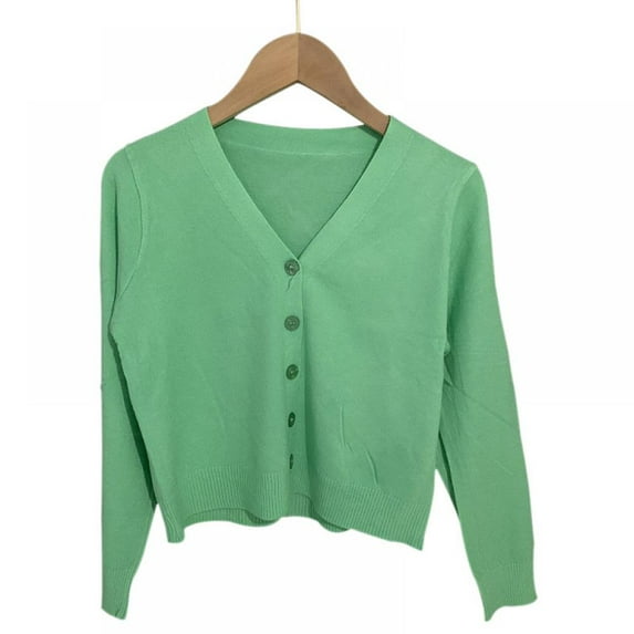 Women's spring autumn Cropped Cardigan long sleeve V-Neck Button Down short Knitted Sweater solid color shin jacket casual occassions girl's tops