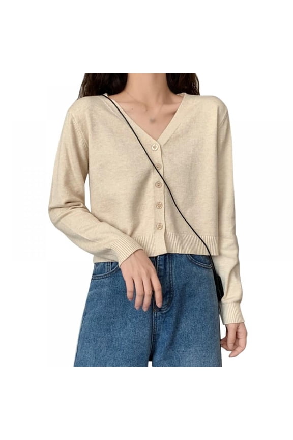 Women's Spring Autumn Cropped Cardigan Long Sleeve V-Neck Button Down Short Knitted Sweater Solid Color Shiny Jacket Casual Occasions Tops