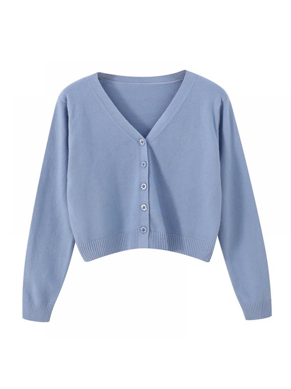 Women's Spring Autumn Cropped Cardigan Long Sleeve V-Neck Button Down Short Knitted Sweater Solid Color Shiny Jacket Casual Occasions Tops