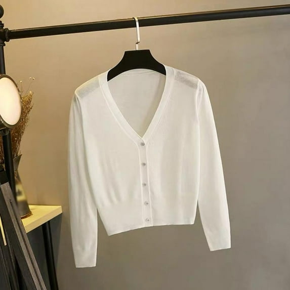 Women's spring autumn Cropped Cardigan long sleeve V-Neck Button Down short Knitted Sweater solid color shin jacket casual occassions girl's tops