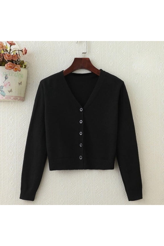 Women's Spring Autumn Cropped Cardigan Long Sleeve V-Neck Button Down Short Knitted Sweater Solid Color Shiny Jacket Casual Occasions Tops