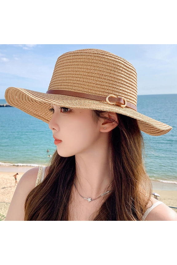 Women's straw hat summer flat top belt sun hat with large brim straw beach hat high-end hat white 1 piece