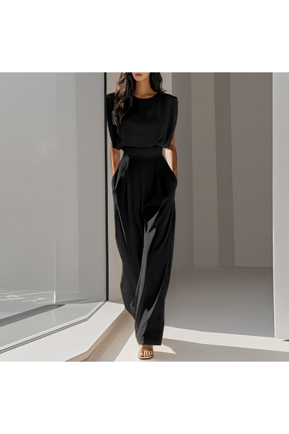 Women's Summer One-Piece Set, Round Neck Sleeveless Wide-Leg Pants Set, Jumpsuit with Pockets