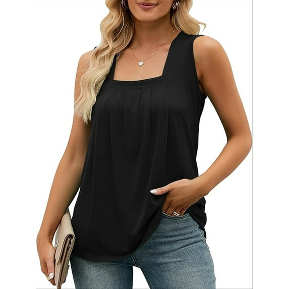 Women's summer sleeveless loose pleated square neck sleeveless shirt basic style