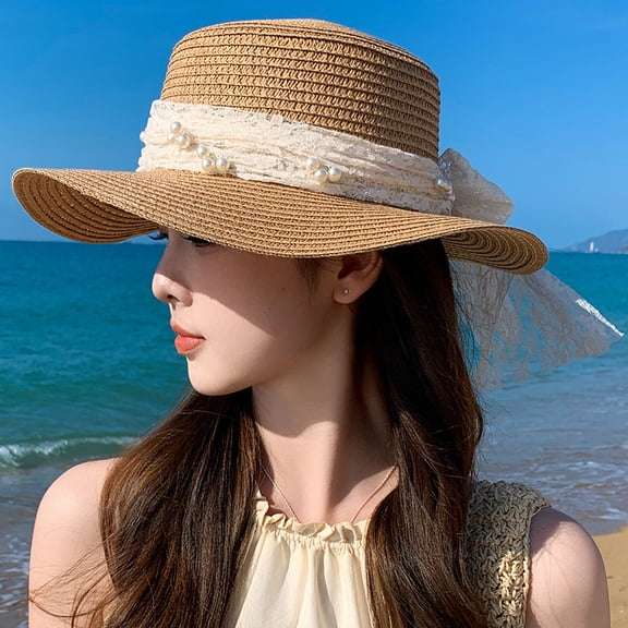 Women's summer straw hat fashionable temperament high-grade pearl ribbon sun hat flat top lace sun hat white 1 piece
