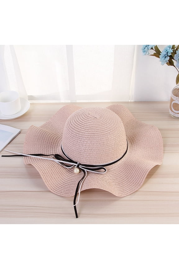 Women's summer straw hat with wavy brim and wide brimmed hat, bow sun hat and beach hat, black 1 piece