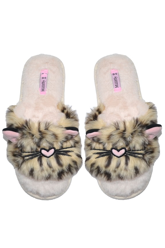 Women's summer thong slipper Fuzzy Animal Leopard cat Slides flip flop sandals (US 5-6, Leopard Cat)