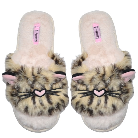 Women's summer thong slipper Fuzzy Animal Leopard cat Slides flip flop sandals (US 5-6, Leopard Cat)