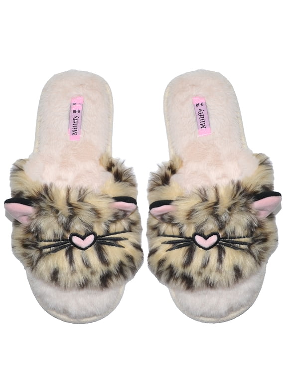 Women's summer thong slipper Fuzzy Animal Leopard cat Slides flip flop sandals (US 7-8, Leopard Cat)