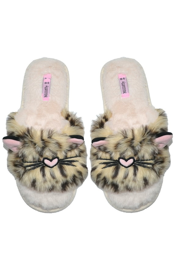 Women's summer thong slipper Fuzzy Animal Leopard cat Slides flip flop sandals (US 7-8, Leopard Cat)