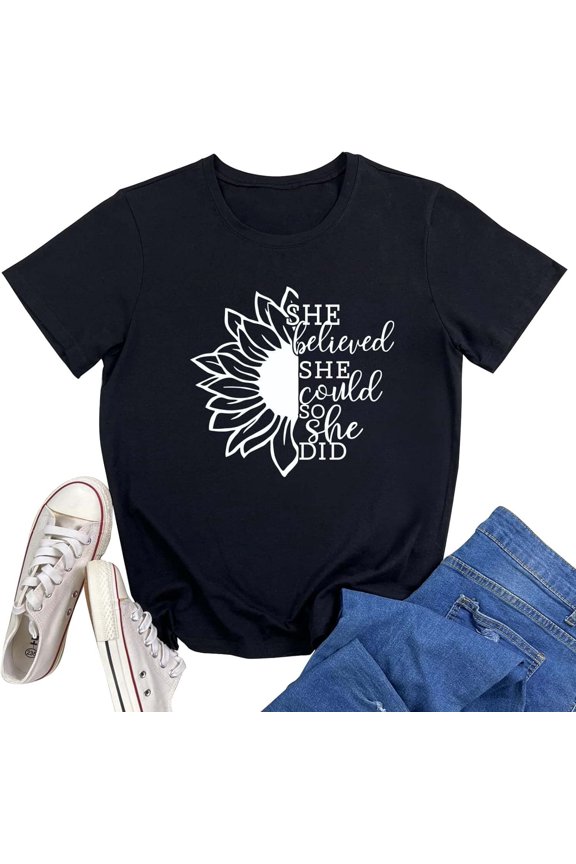 Women's sunflower monogram print cute cotton simple T-shirt