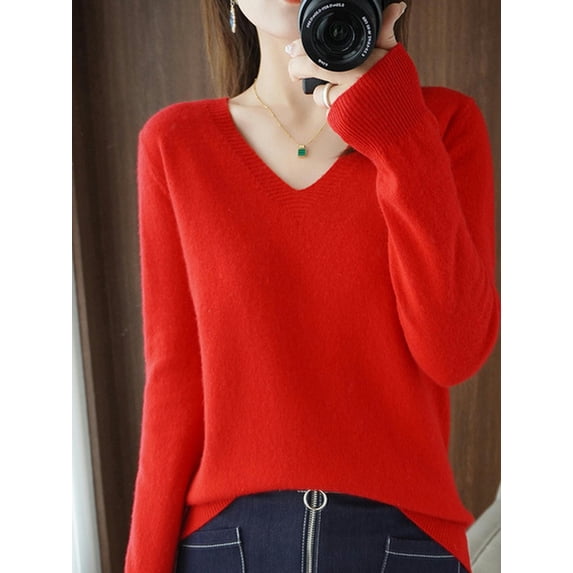 Women's sweater autumn and winter knitted pullover V-neck slim bottoming shirt solid color soft knitted sweater basic sweater-Red-L