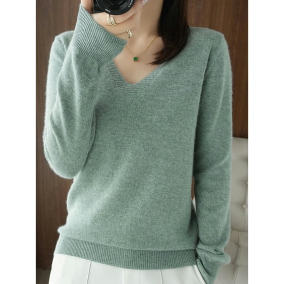 Women's sweater autumn and winter knitted pullover V-neck slim bottoming shirt solid color soft knitted sweater basic sweater-Vegetation green-S