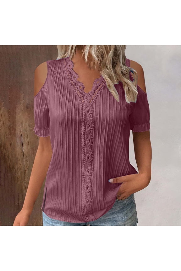 Women's textured pleated cold shoulder blouse, V neck crochet lace detail short ruffle sleeve casual top for work school and weekend casual outings, Hot Pink M