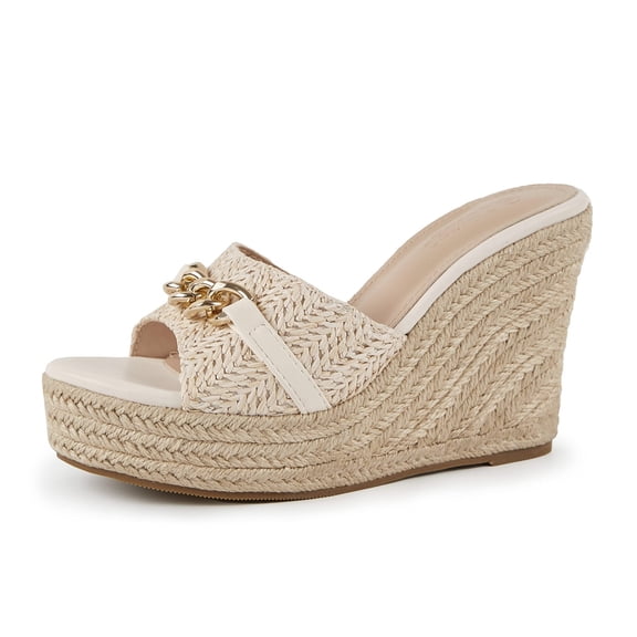 Women's thick-soled wedge-heeled sandals with hemp bottom, chain link, raffia weaving strap, one-step slip-on, summer casual shoes, thick-soled slippers