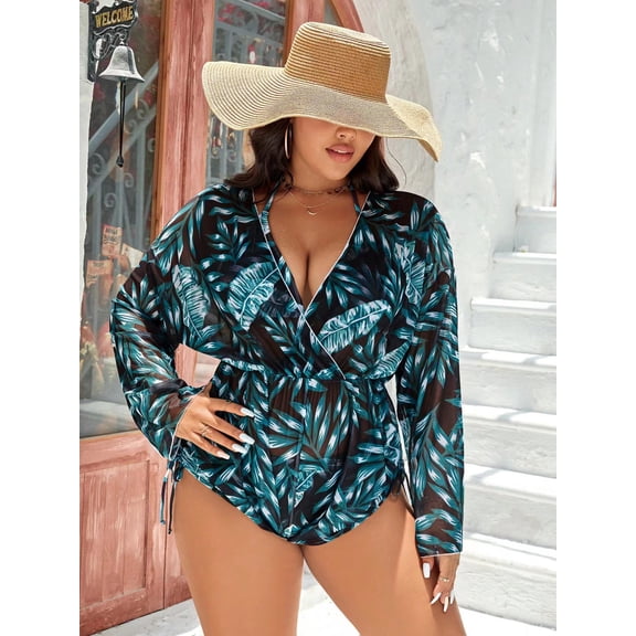 Women's three-piece swimsuit, mesh digital printing long-sleeved blouse bikini