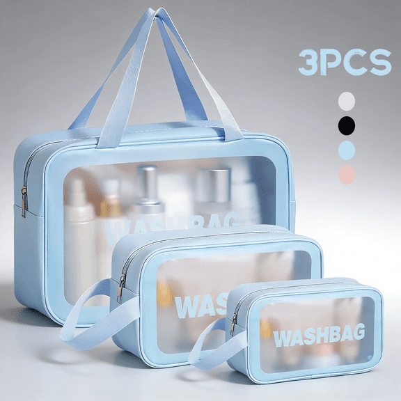 Transparent Cosmetic Toiletry Storage Bag Collapsible Large Handheld Storage Makeup Bag Kit for Travel with Makeup or Toiletries,Zipper, Blue, 3 Piece
