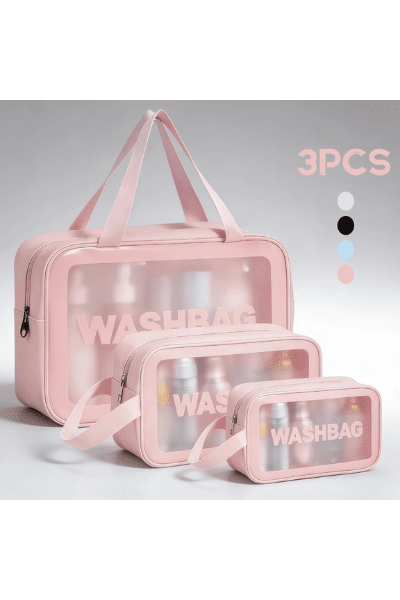 Transparent Cosmetic Toiletry Storage Bag Collapsible Large Handheld Storage Makeup Bag Kit for Travel with Makeup or Toiletries,Zipper, Pink, 3 Piece