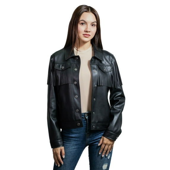 Women's trucker jacket in premium synthetic leather with chest pockets and beards.