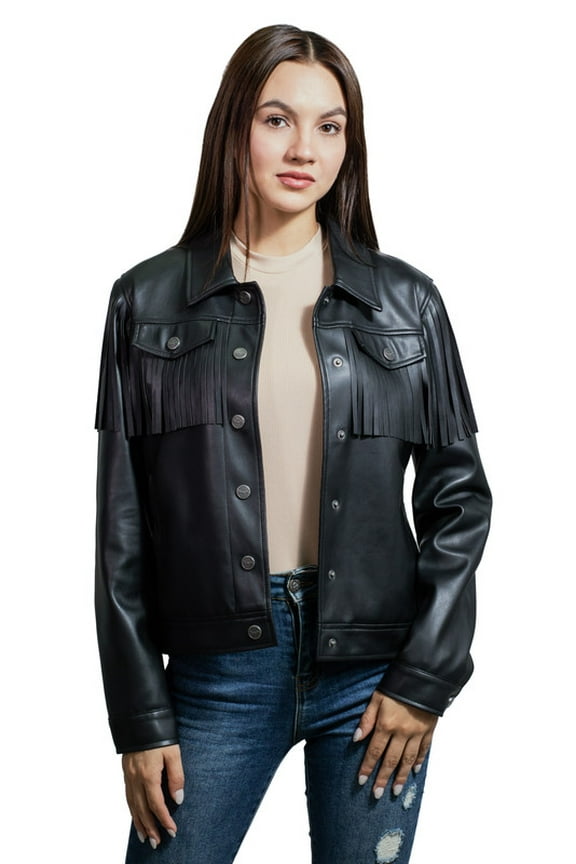 Women's trucker jacket in premium synthetic leather with chest pockets and beards.