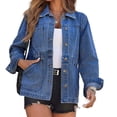 thumbnail image 1 of Women's turn Down Collar Solid Color Casual Denim Jacket with Open Front Daily Wear, 1 of 6