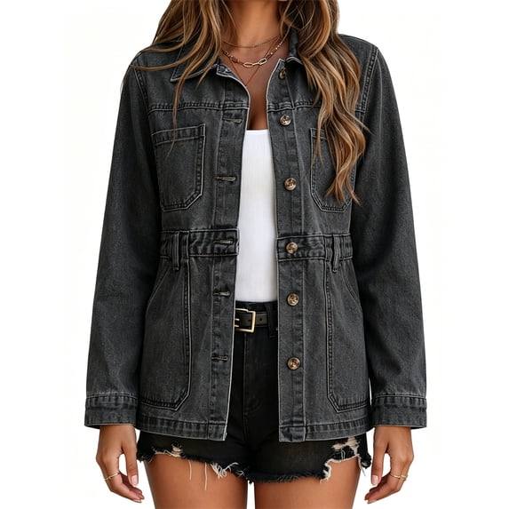 Women's turn Down Collar Solid Color Casual Denim Jacket with Open Front Daily Wear