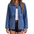 thumbnail image 1 of Women's turn Down Collar Solid Color Casual Denim Jacket with Open Front Daily Wear, 1 of 8