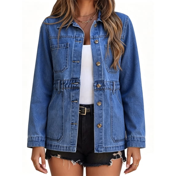 Women's turn Down Collar Solid Color Casual Denim Jacket with Open Front Daily Wear