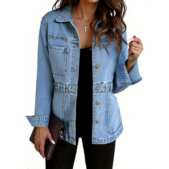 Women's turn Down Collar Solid Color Casual Denim Jacket with Open Front Daily Wear