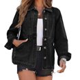 thumbnail image 1 of Women's turn Down Collar Solid Color Casual Denim Jacket with Open Front Daily Wear, 1 of 6
