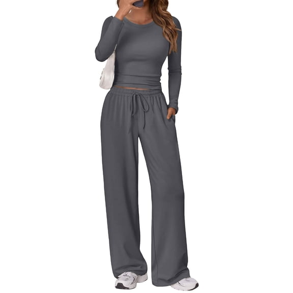 Women's two-piece casual suit, long-sleeved slightly cropped top, wide-leg pants, casual