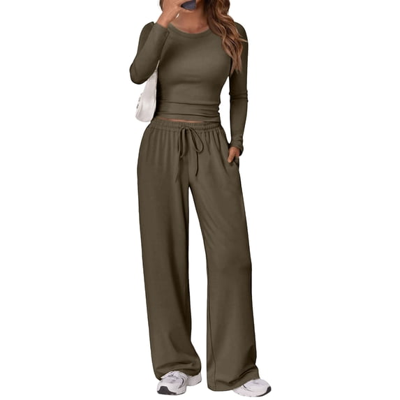 Women's two-piece casual suit, long-sleeved slightly cropped top, wide-leg pants, casual
