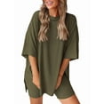 thumbnail image 1 of Women's two-piece casual suit summer casual loose shirt cycling shorts match airport travel wear Army Green M, 1 of 8