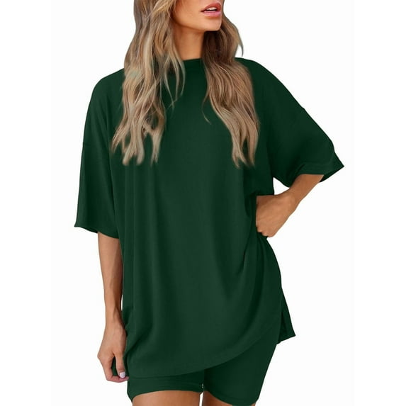 Women's two-piece casual suit summer casual loose shirt cycling shorts match airport travel wear Dark Green S