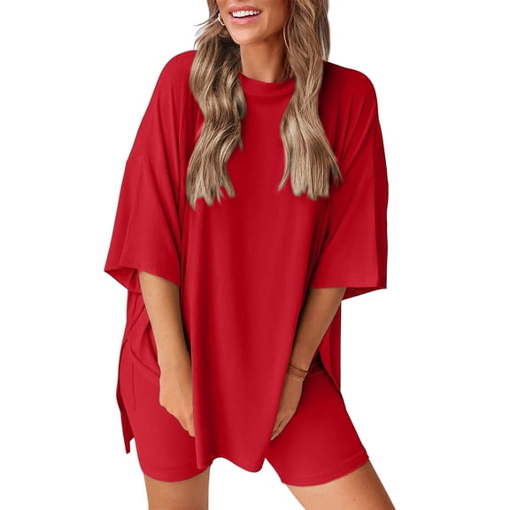 Women's two-piece casual suit summer casual loose shirt cycling shorts match airport travel wear Red XXXL