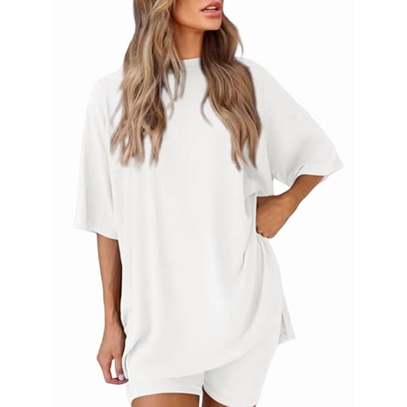 Women's two-piece casual suit summer casual loose shirt cycling shorts match airport travel wear White M