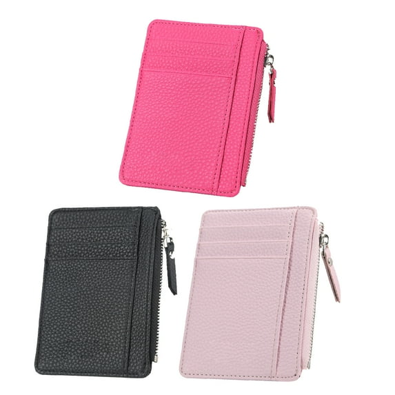 Women's ultra-thin credit card case wristband zipper wallet Small and compact leather wallet - Black+ pink+ rose red