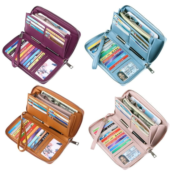 Women's wallet, large capacity leather women's wallet, zip clutch, bracelet with RFID blocking,Great gift for Wife, Girlfriend/Light blue