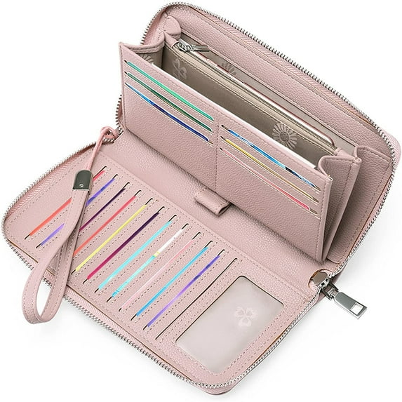Women's wallet, large capacity leather women's wallet, zip clutch, bracelet with RFID blocking,Great gift for Wife, Girlfriend/Pink