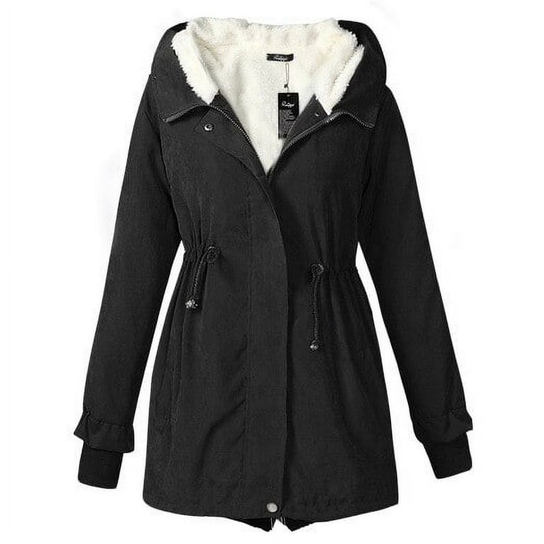 Women s warm coat Hooded Jacket Parka solid color thickened drawstring waist jacket long cotton pea coat