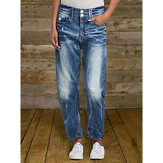 Women's washed blue stretch fashion casual double button high-waist ankle-length jeans