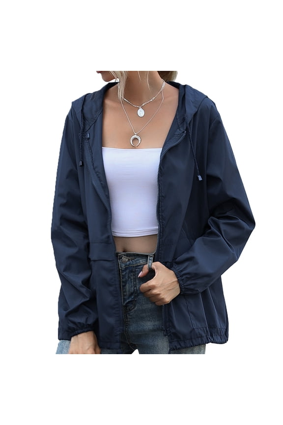 Women's waterproof windbreaker Light windbreaker jacket hooded windbreaker outdoor,Dark blue,L,