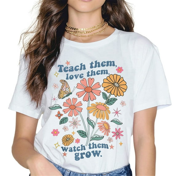 Women's white short-sleeved crew neck colorful printed T-shirt - 163824-1