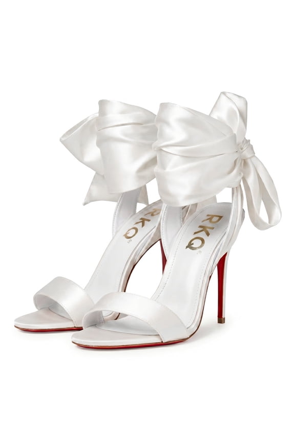 Women’s white silk satin strap-style stiletto heels Pointed toe nude strap, elegant high heels perfect for weddings formal dinners parties and high-heeled formal attire