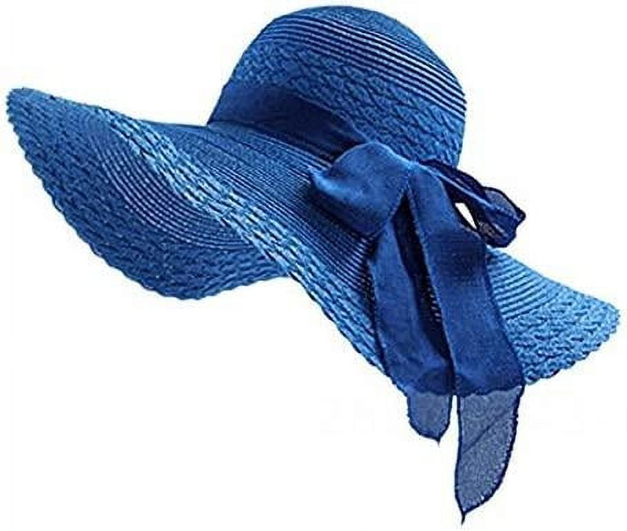 Women's wide brim straw hat with bow sun hat sun hat, bow dome sun hat big  brim straw hat. Suitable for summer travel or beach.Royal blue 