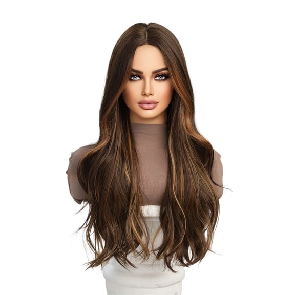 Women's wig with ear-hanging highlights, dark brown medium-parted long curly hair, full headband